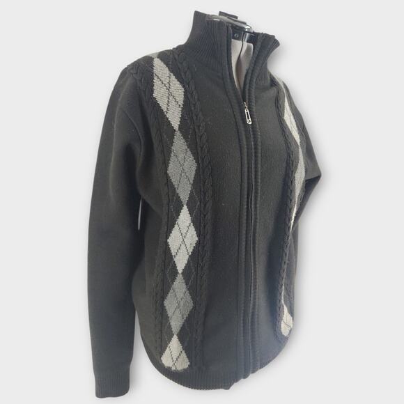True Rock Cardigan Sweater Men's XL Full Zip Knit  Argyle Design Elbow Patches - Picture 3 of 7